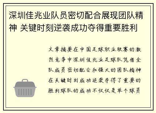 深圳佳兆业队员密切配合展现团队精神 关键时刻逆袭成功夺得重要胜利