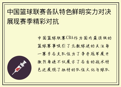 中国篮球联赛各队特色鲜明实力对决展现赛季精彩对抗