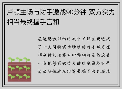 卢顿主场与对手激战90分钟 双方实力相当最终握手言和